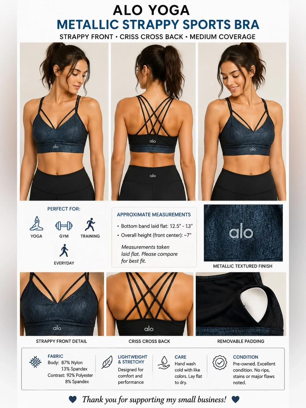 Alo Yoga Metallic Blue Black Strappy Sports Bra Bralette Criss Cross Back